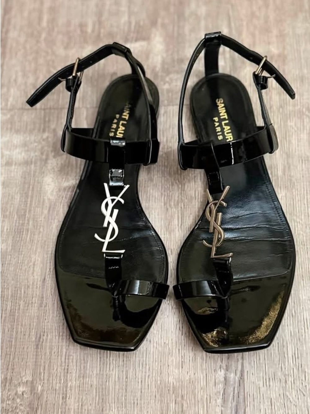 Saint Laurent Black Patent Leather Logo T-Strap Sandals